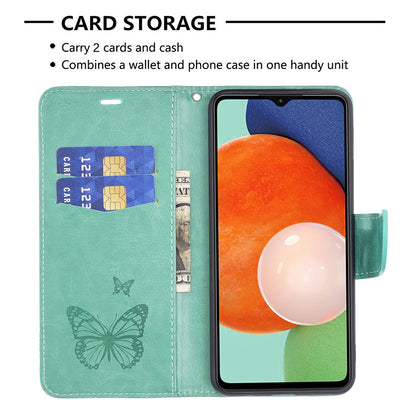 For Samsung Galaxy A13 4G Butterfly Imprinted PU Leather + TPU Phone Case Wallet Stand Cover with Wrist Strap