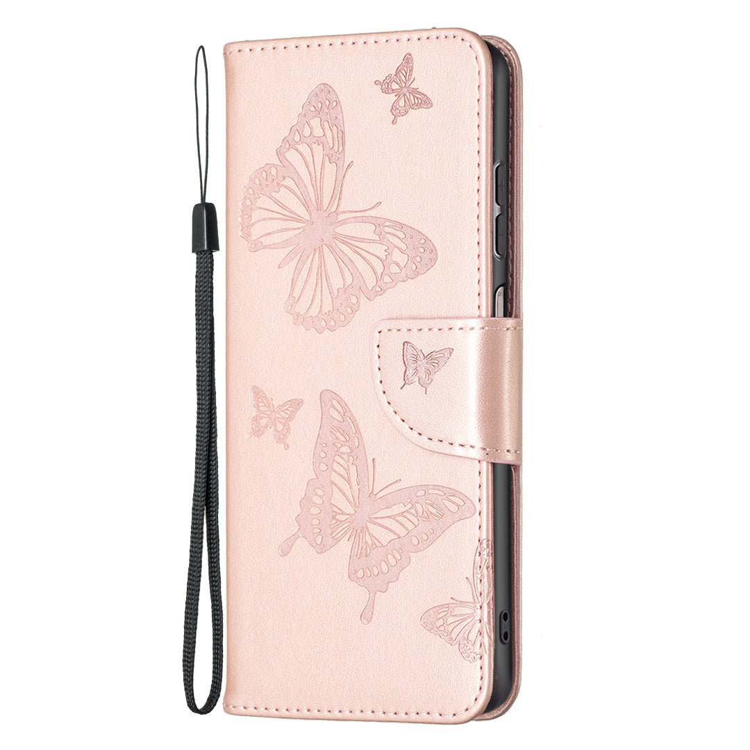 For Samsung Galaxy A13 4G Butterfly Imprinted PU Leather + TPU Phone Case Wallet Stand Cover with Wrist Strap