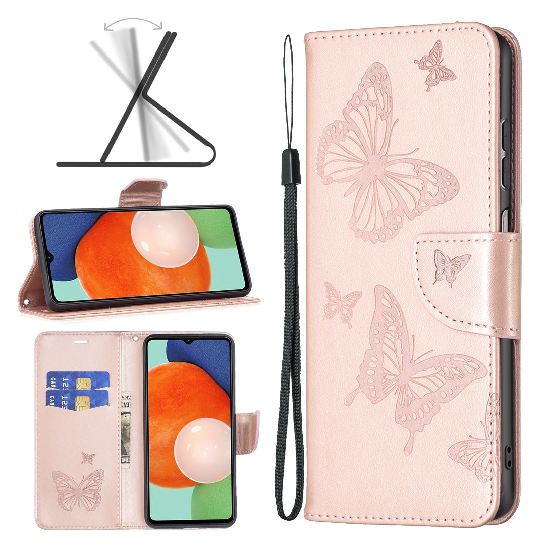 For Samsung Galaxy A13 4G Butterfly Imprinted PU Leather + TPU Phone Case Wallet Stand Cover with Wrist Strap
