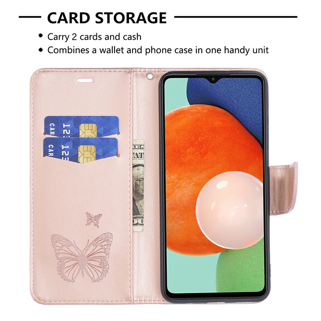 For Samsung Galaxy A13 4G Butterfly Imprinted PU Leather + TPU Phone Case Wallet Stand Cover with Wrist Strap