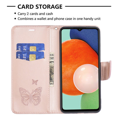 For Samsung Galaxy A13 4G Butterfly Imprinted PU Leather + TPU Phone Case Wallet Stand Cover with Wrist Strap