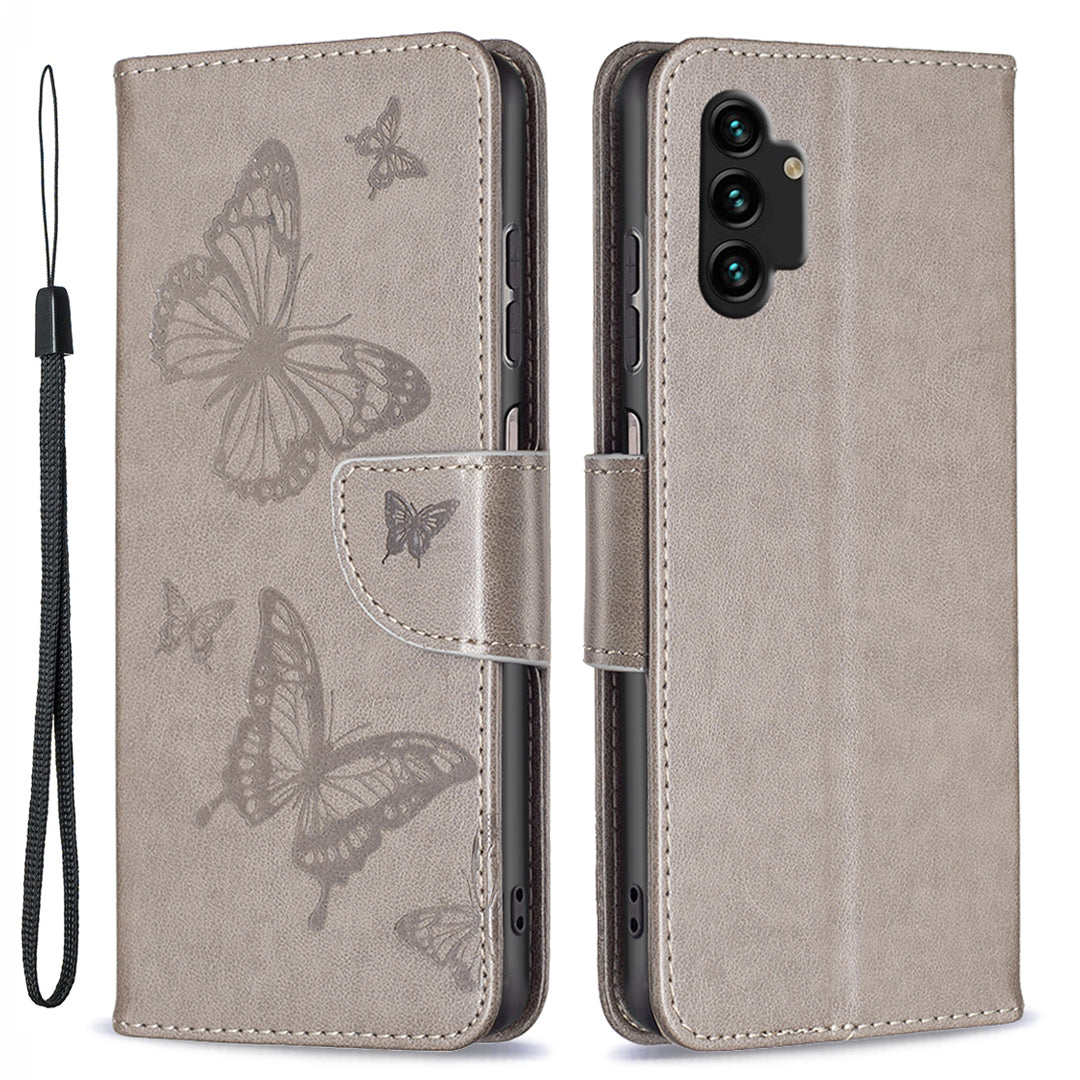 For Samsung Galaxy A13 4G Butterfly Imprinted PU Leather + TPU Phone Case Wallet Stand Cover with Wrist Strap