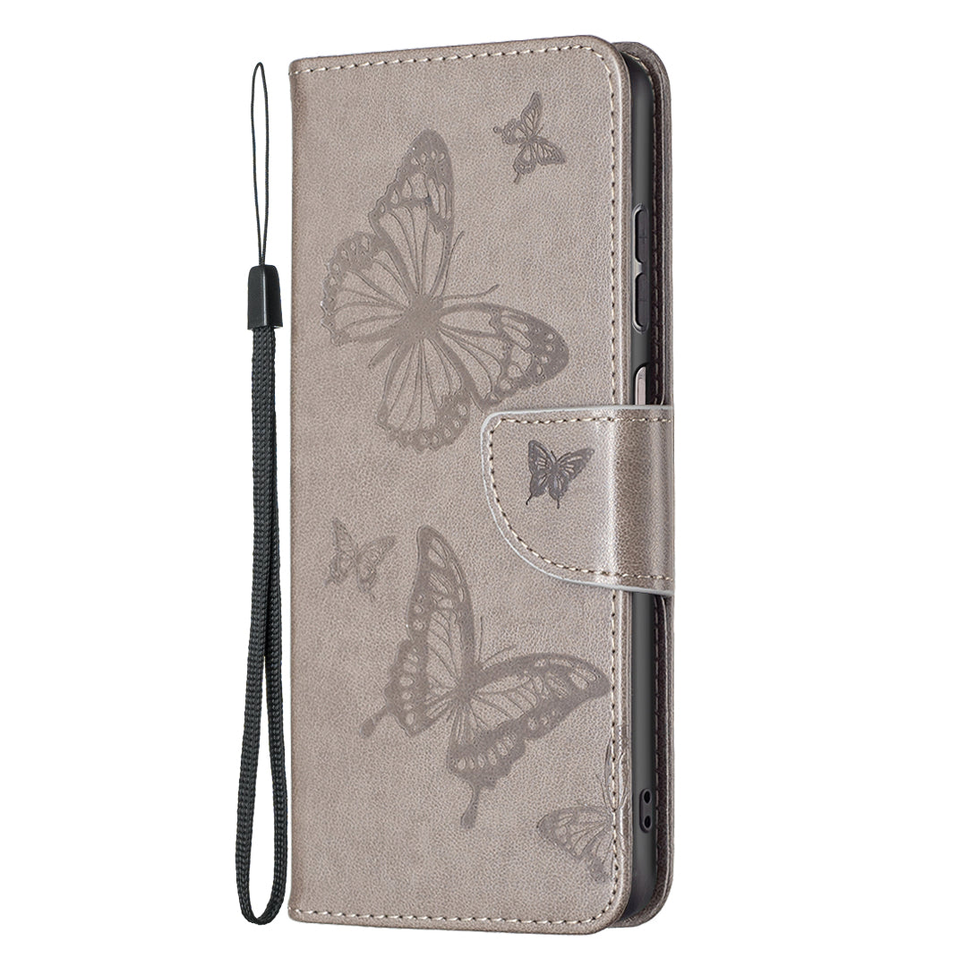 For Samsung Galaxy A13 4G Butterfly Imprinted PU Leather + TPU Phone Case Wallet Stand Cover with Wrist Strap