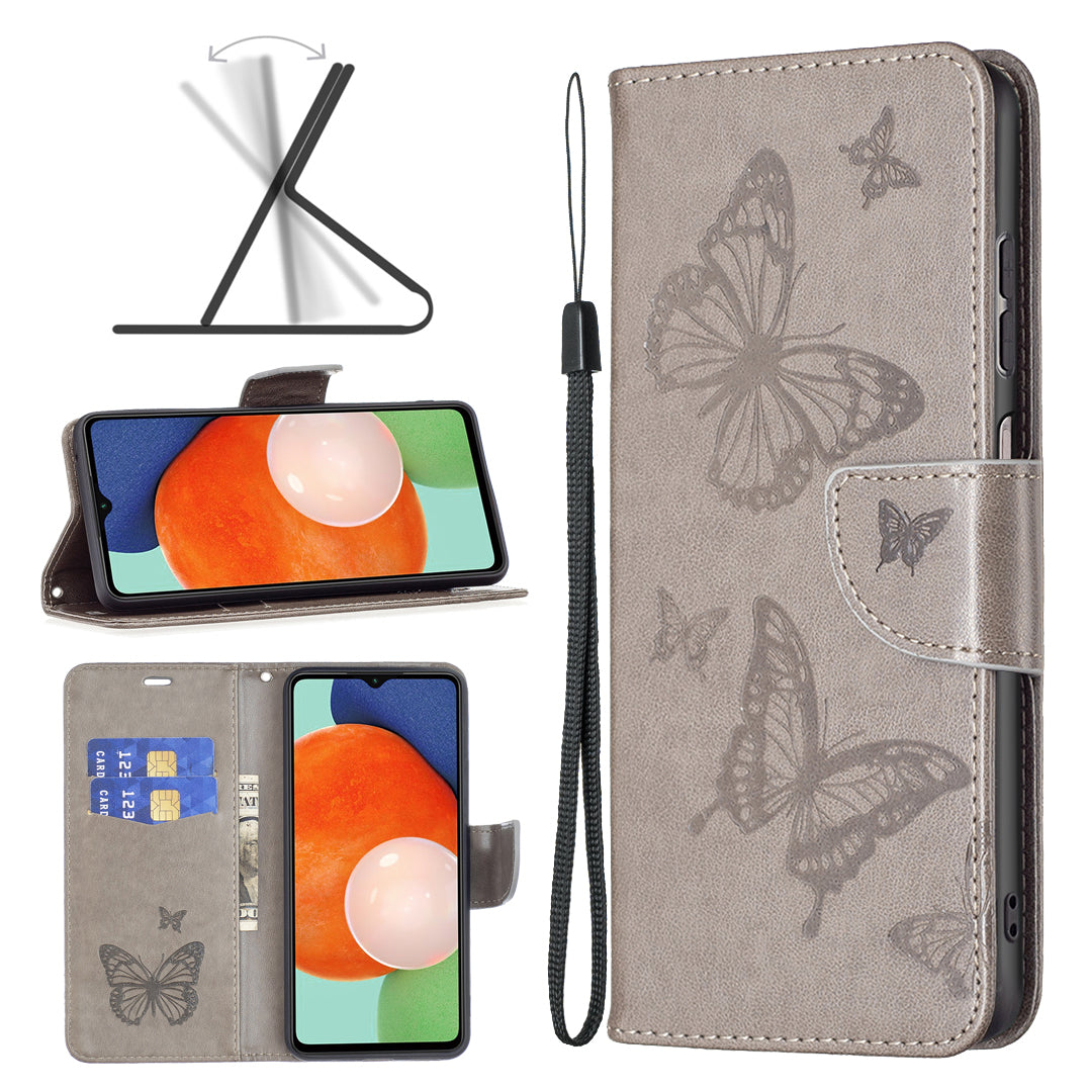 For Samsung Galaxy A13 4G Butterfly Imprinted PU Leather + TPU Phone Case Wallet Stand Cover with Wrist Strap