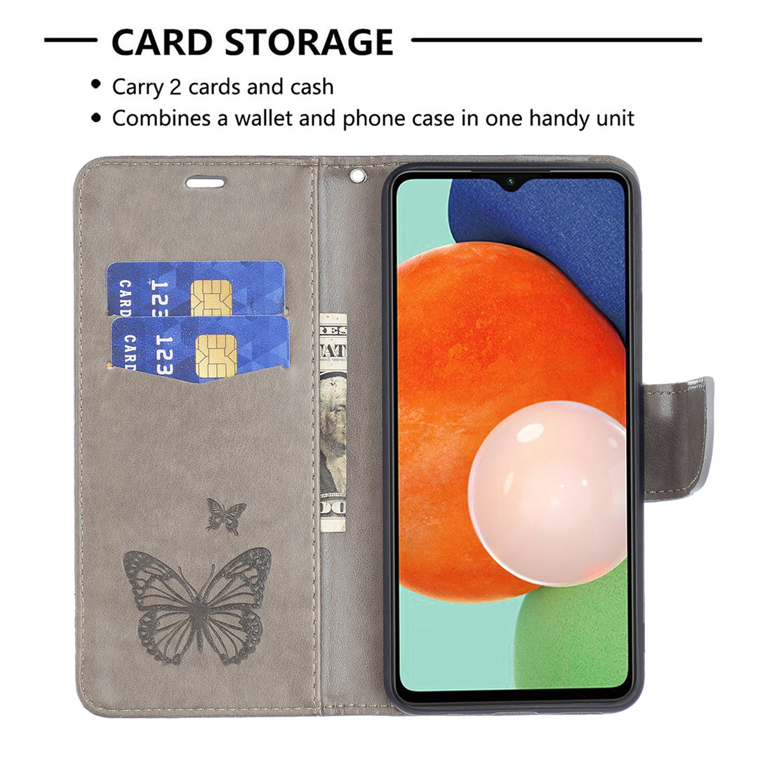 For Samsung Galaxy A13 4G Butterfly Imprinted PU Leather + TPU Phone Case Wallet Stand Cover with Wrist Strap