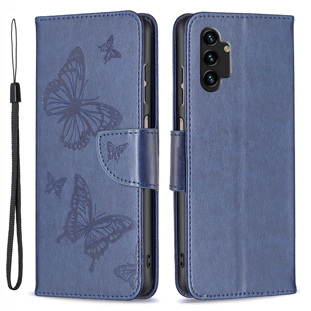 For Samsung Galaxy A13 4G Butterfly Imprinted PU Leather + TPU Phone Case Wallet Stand Cover with Wrist Strap