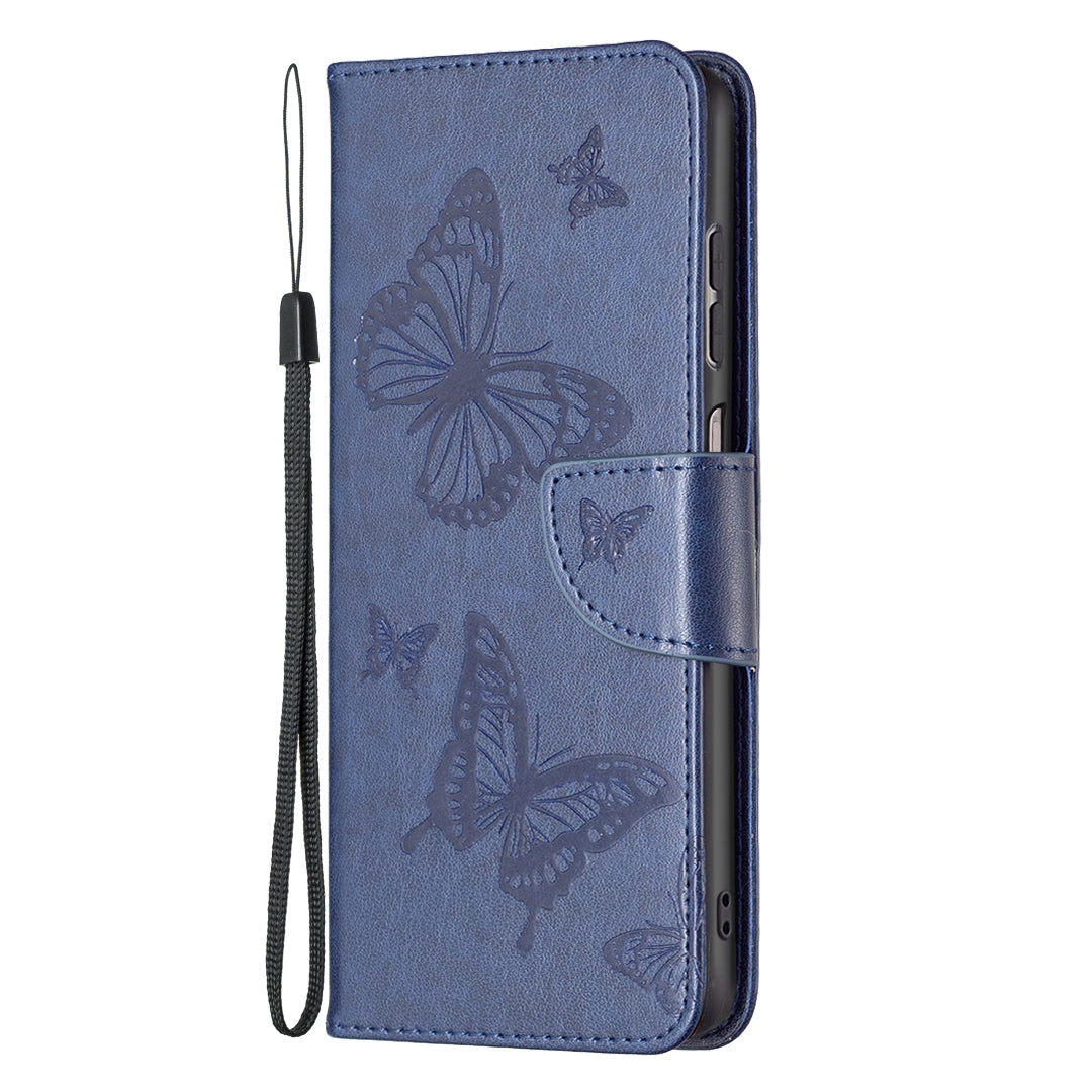 For Samsung Galaxy A13 4G Butterfly Imprinted PU Leather + TPU Phone Case Wallet Stand Cover with Wrist Strap