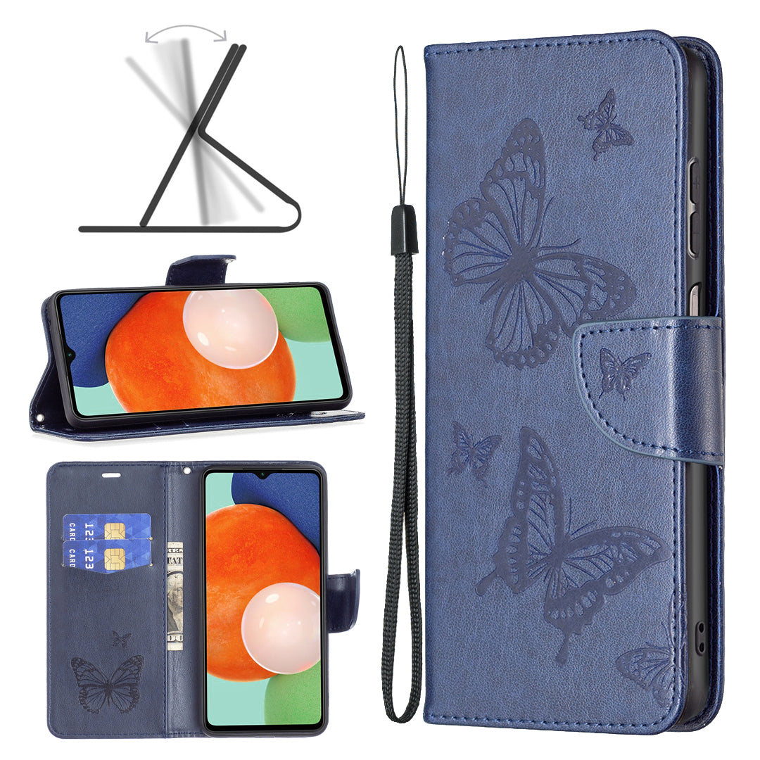 For Samsung Galaxy A13 4G Butterfly Imprinted PU Leather + TPU Phone Case Wallet Stand Cover with Wrist Strap