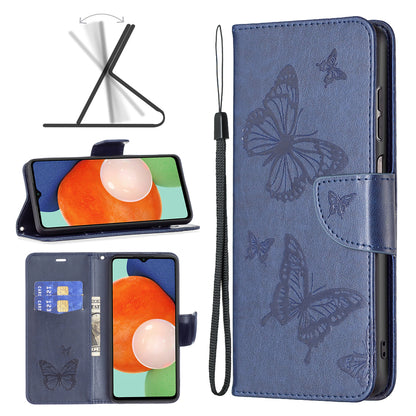 For Samsung Galaxy A13 4G Butterfly Imprinted PU Leather + TPU Phone Case Wallet Stand Cover with Wrist Strap