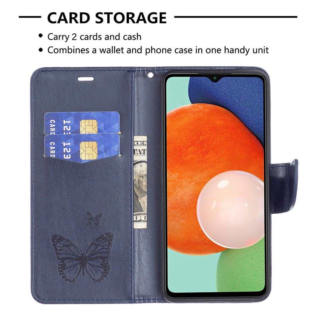 For Samsung Galaxy A13 4G Butterfly Imprinted PU Leather + TPU Phone Case Wallet Stand Cover with Wrist Strap