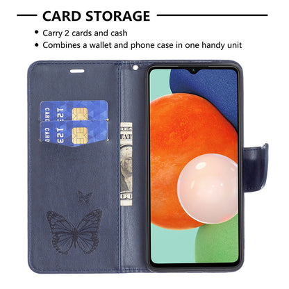 For Samsung Galaxy A13 4G Butterfly Imprinted PU Leather + TPU Phone Case Wallet Stand Cover with Wrist Strap