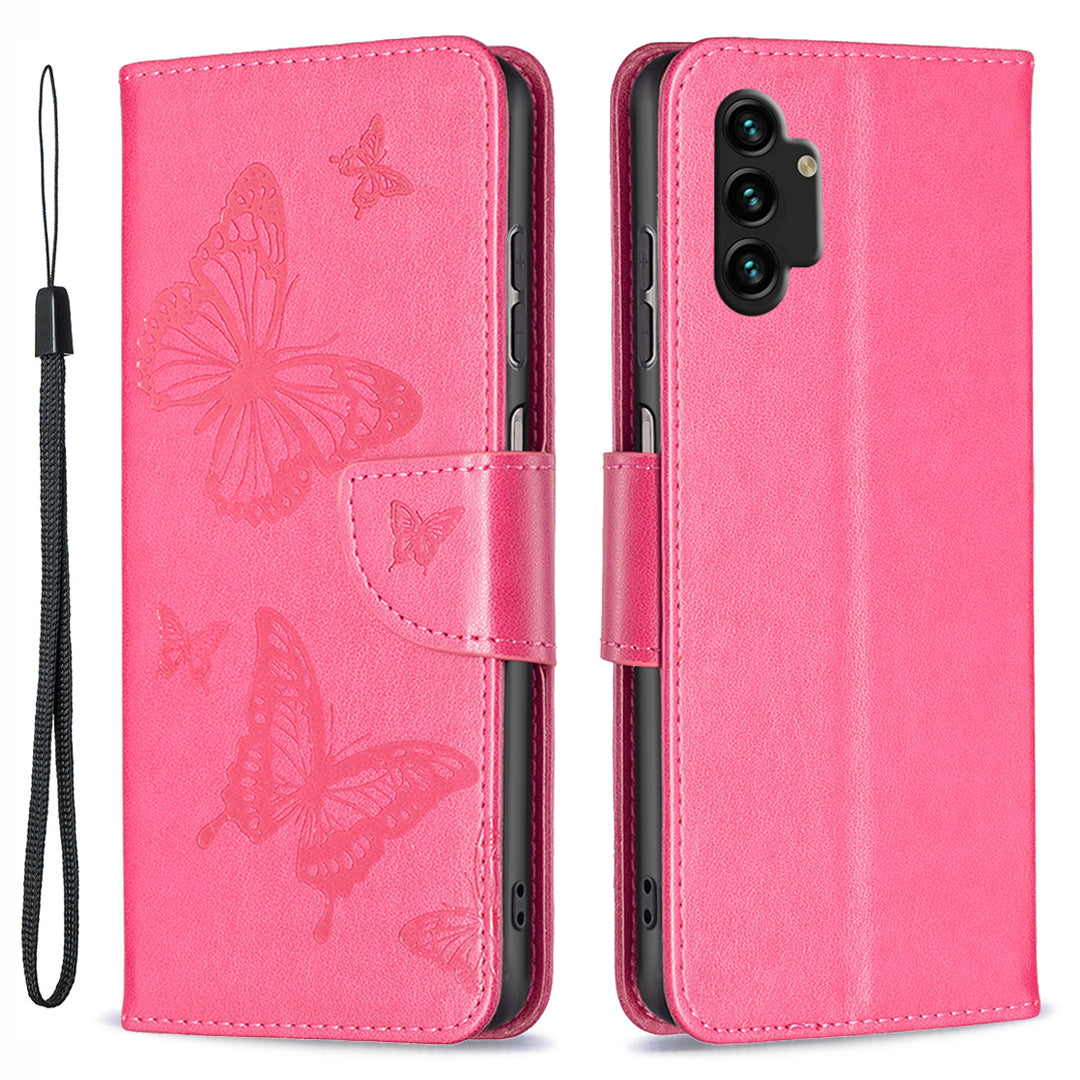 For Samsung Galaxy A13 4G Butterfly Imprinted PU Leather + TPU Phone Case Wallet Stand Cover with Wrist Strap
