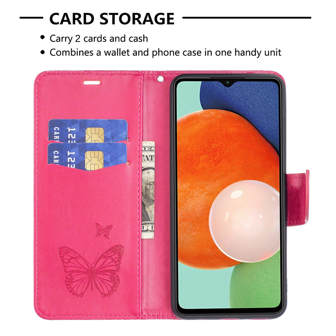 For Samsung Galaxy A13 4G Butterfly Imprinted PU Leather + TPU Phone Case Wallet Stand Cover with Wrist Strap