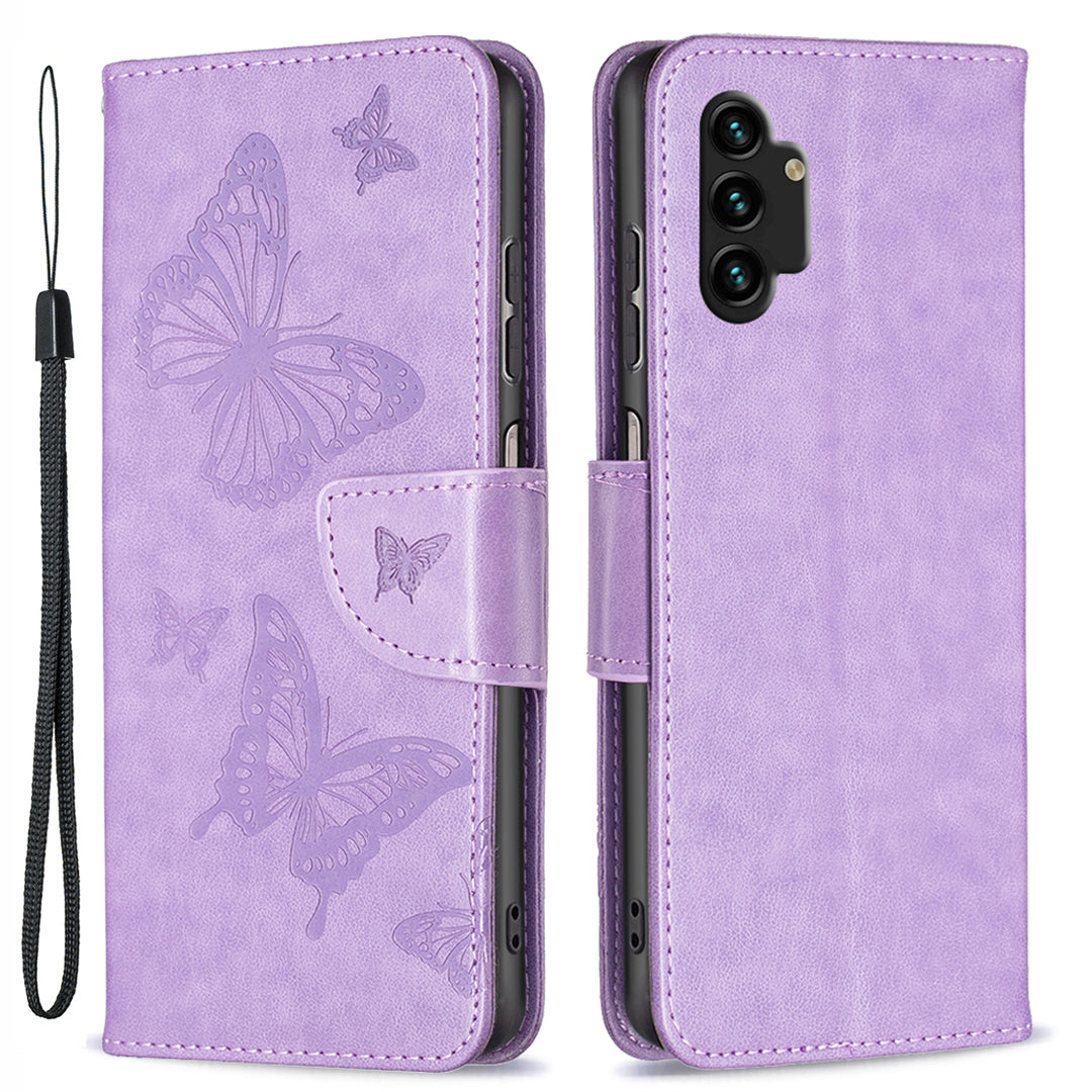 For Samsung Galaxy A13 4G Butterfly Imprinted PU Leather + TPU Phone Case Wallet Stand Cover with Wrist Strap