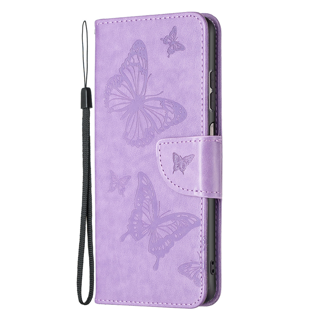 For Samsung Galaxy A13 4G Butterfly Imprinted PU Leather + TPU Phone Case Wallet Stand Cover with Wrist Strap