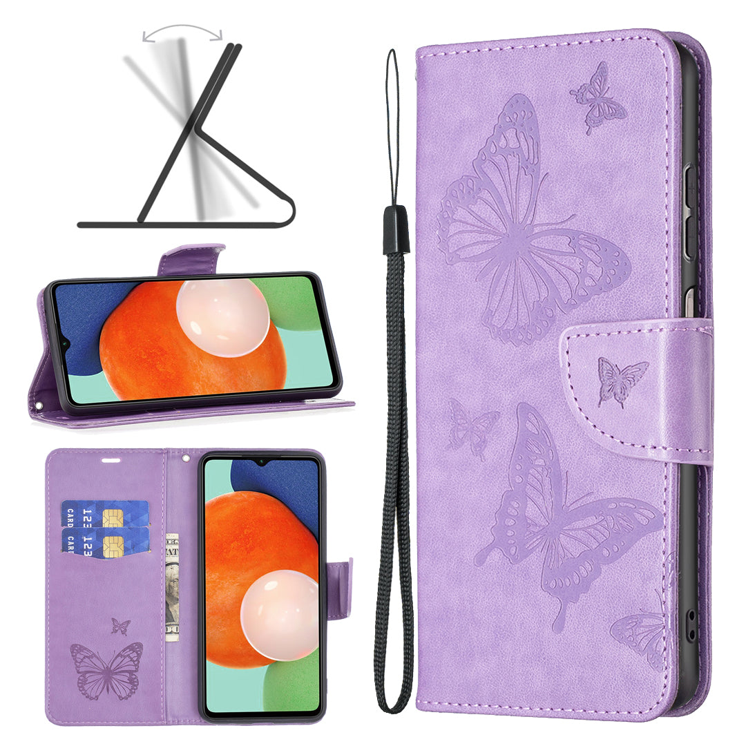 For Samsung Galaxy A13 4G Butterfly Imprinted PU Leather + TPU Phone Case Wallet Stand Cover with Wrist Strap