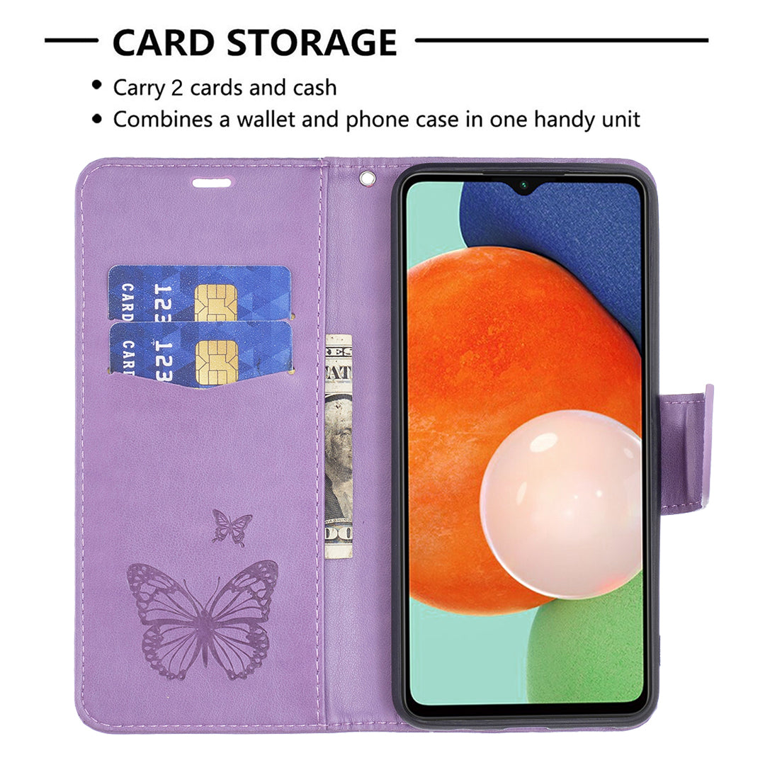 For Samsung Galaxy A13 4G Butterfly Imprinted PU Leather + TPU Phone Case Wallet Stand Cover with Wrist Strap