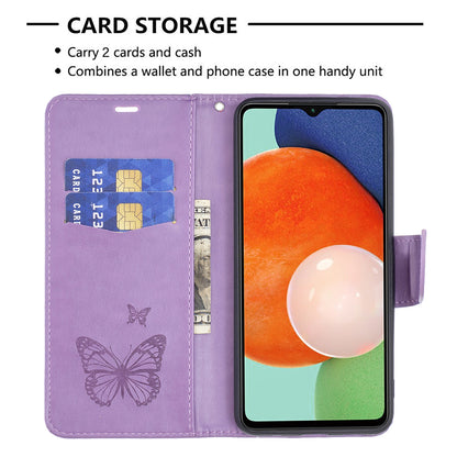 For Samsung Galaxy A13 4G Butterfly Imprinted PU Leather + TPU Phone Case Wallet Stand Cover with Wrist Strap