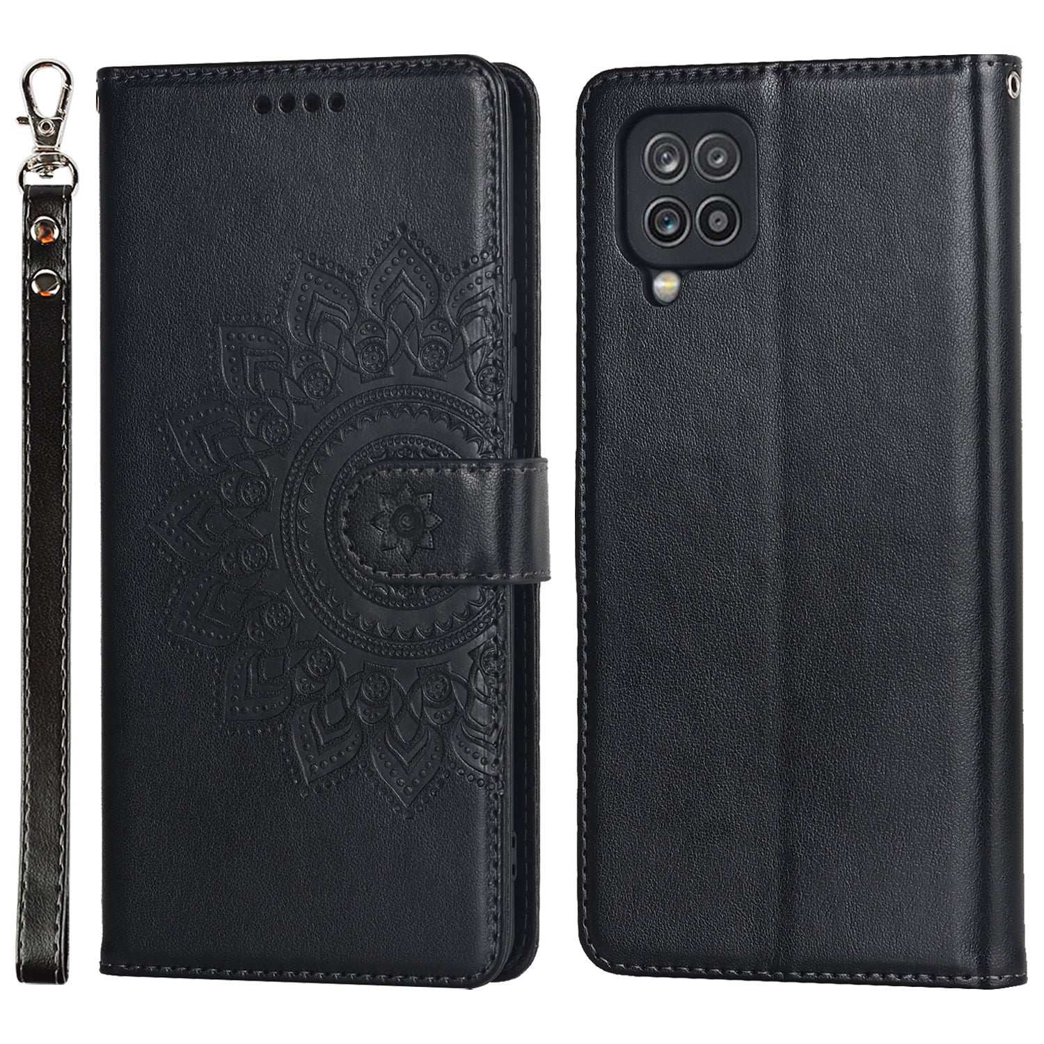 For Samsung Galaxy A12 R61 Texture Felled Seam PU Leather + TPU Stand Phone Case Pattern Imprinted Wallet Cover