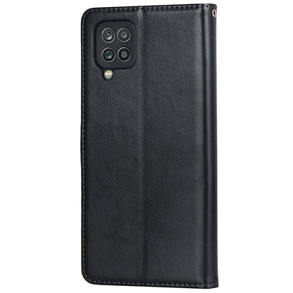 For Samsung Galaxy A12 R61 Texture Felled Seam PU Leather + TPU Stand Phone Case Pattern Imprinted Wallet Cover