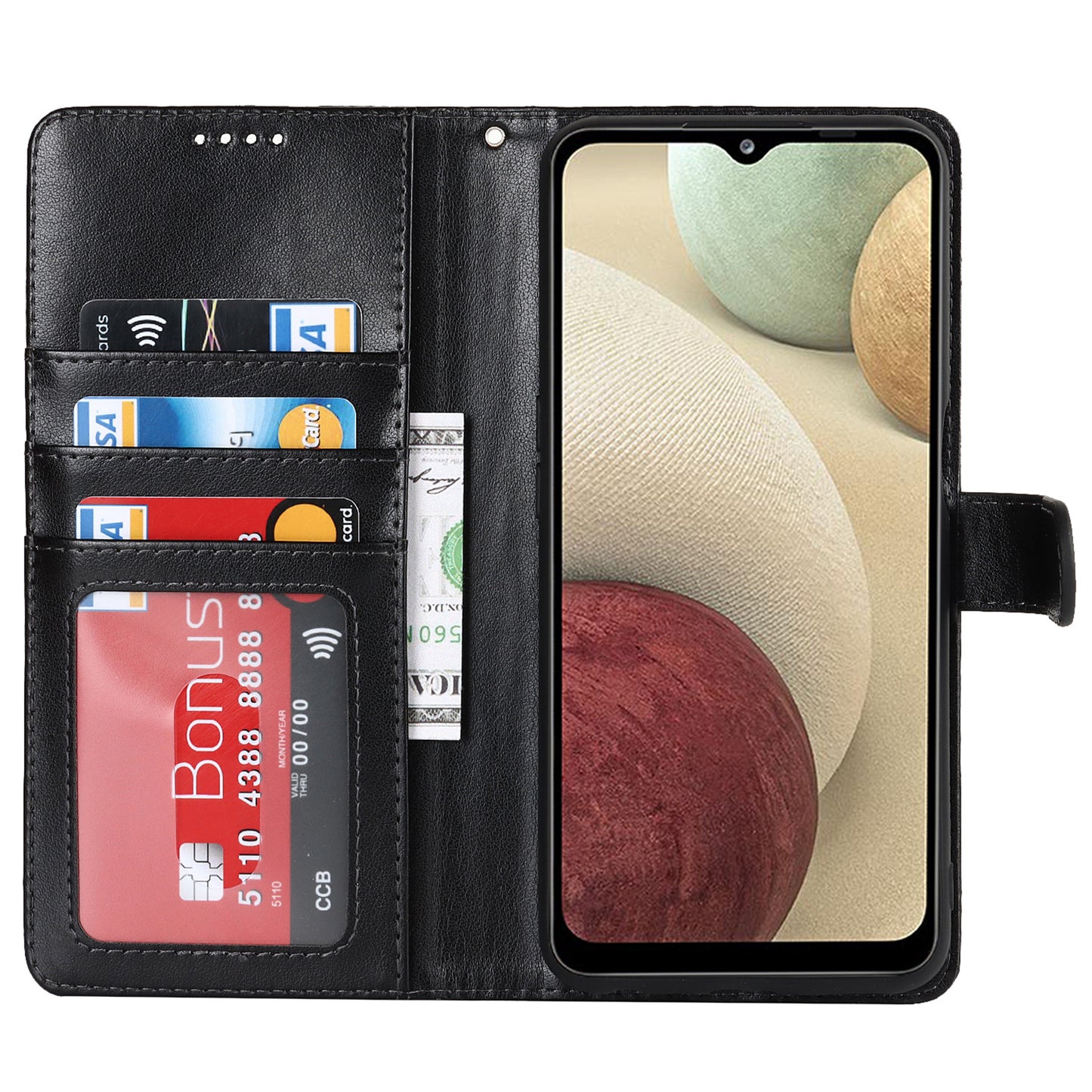 For Samsung Galaxy A12 R61 Texture Felled Seam PU Leather + TPU Stand Phone Case Pattern Imprinted Wallet Cover