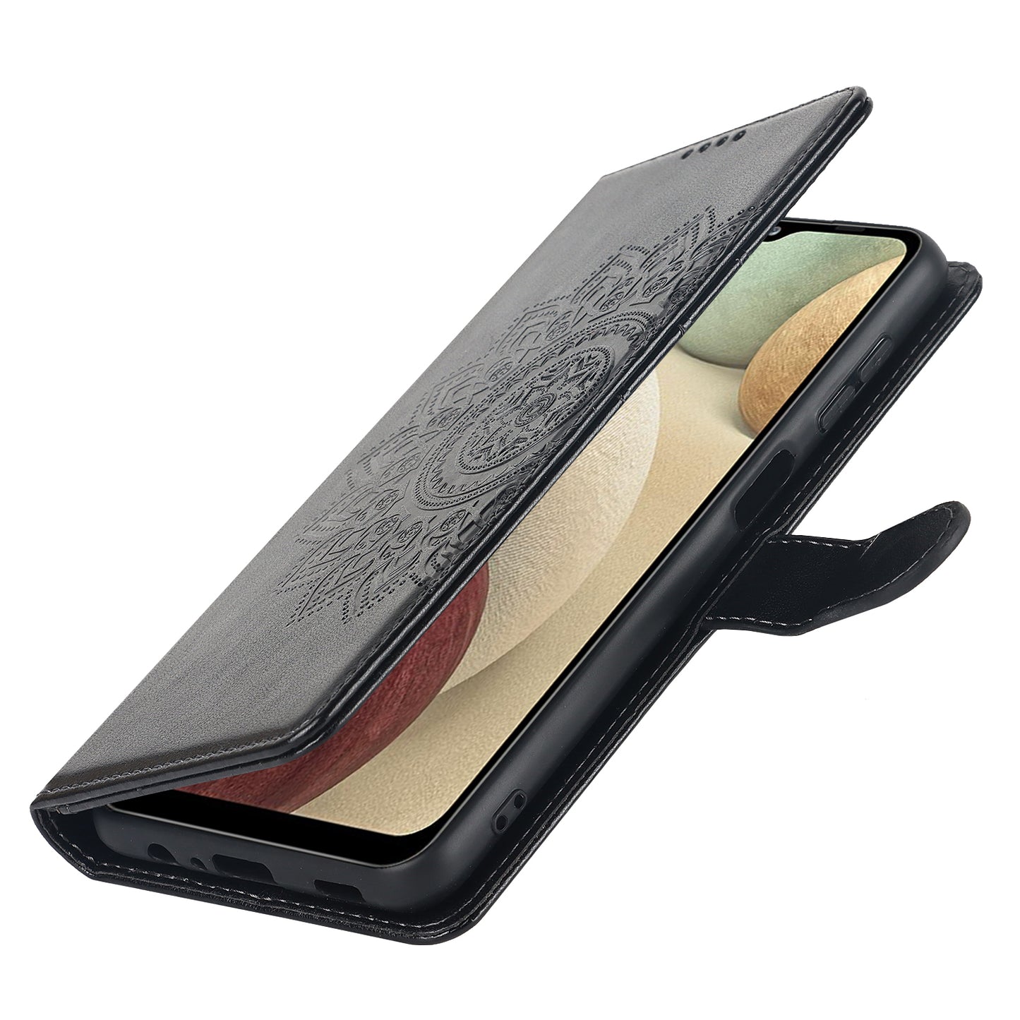 For Samsung Galaxy A12 R61 Texture Felled Seam PU Leather + TPU Stand Phone Case Pattern Imprinted Wallet Cover