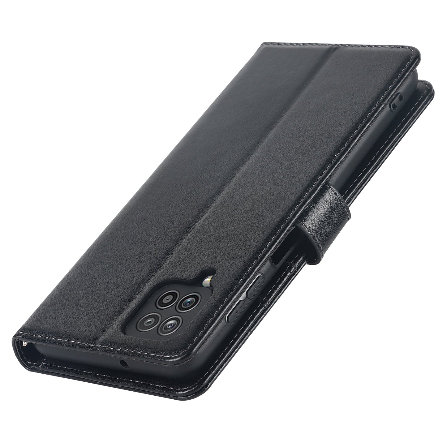 For Samsung Galaxy A12 R61 Texture Felled Seam PU Leather + TPU Stand Phone Case Pattern Imprinted Wallet Cover