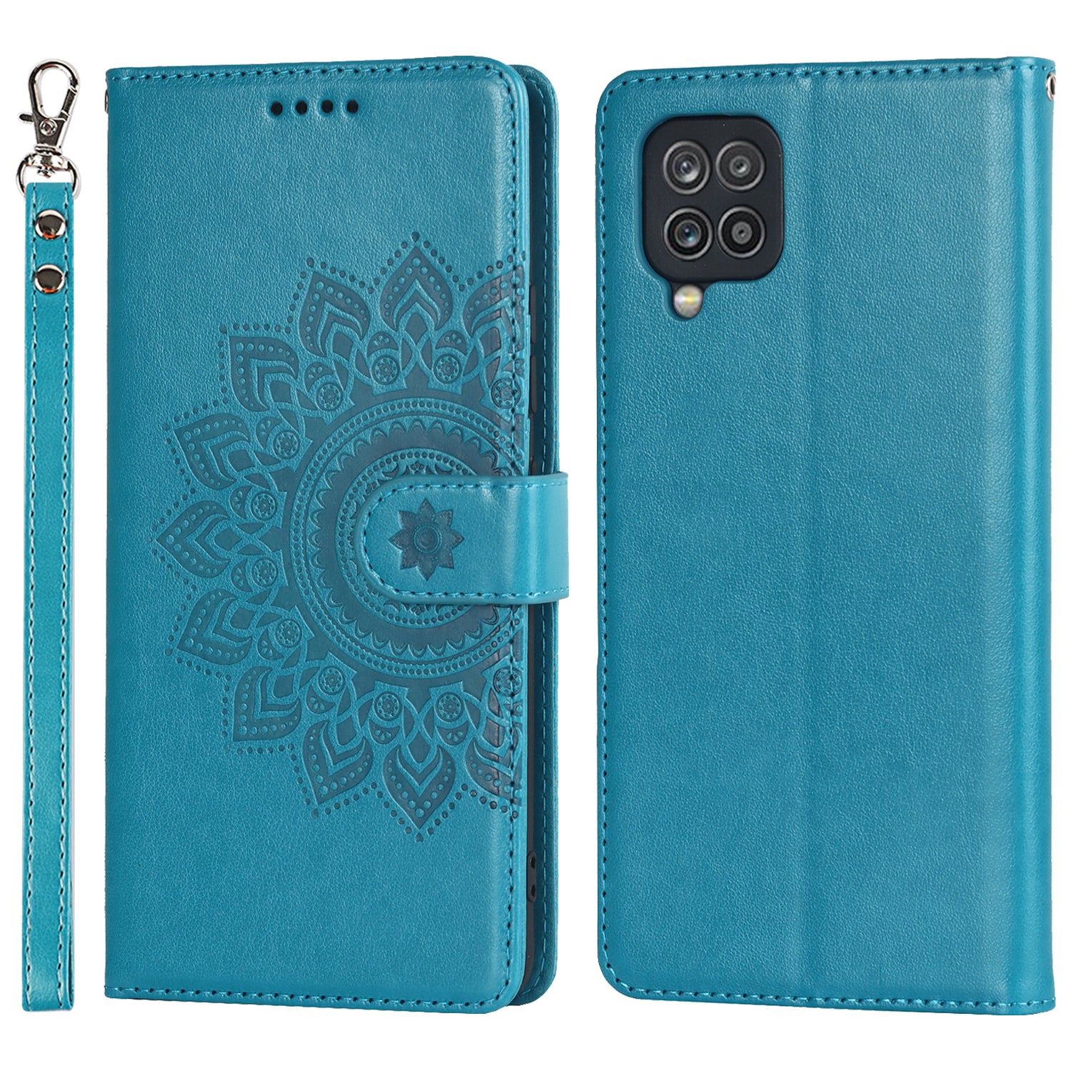 For Samsung Galaxy A12 R61 Texture Felled Seam PU Leather + TPU Stand Phone Case Pattern Imprinted Wallet Cover