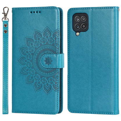 For Samsung Galaxy A12 R61 Texture Felled Seam PU Leather + TPU Stand Phone Case Pattern Imprinted Wallet Cover
