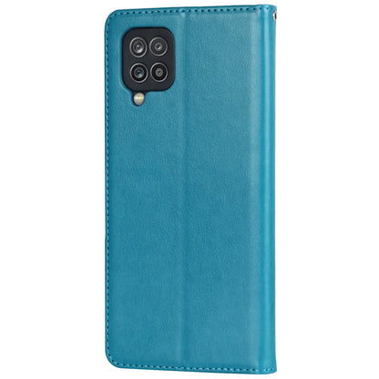 For Samsung Galaxy A12 R61 Texture Felled Seam PU Leather + TPU Stand Phone Case Pattern Imprinted Wallet Cover