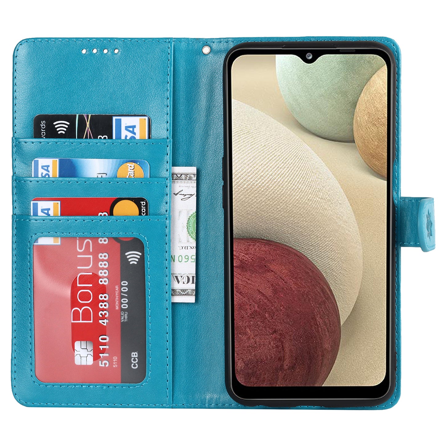 For Samsung Galaxy A12 R61 Texture Felled Seam PU Leather + TPU Stand Phone Case Pattern Imprinted Wallet Cover