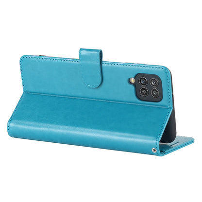 For Samsung Galaxy A12 R61 Texture Felled Seam PU Leather + TPU Stand Phone Case Pattern Imprinted Wallet Cover