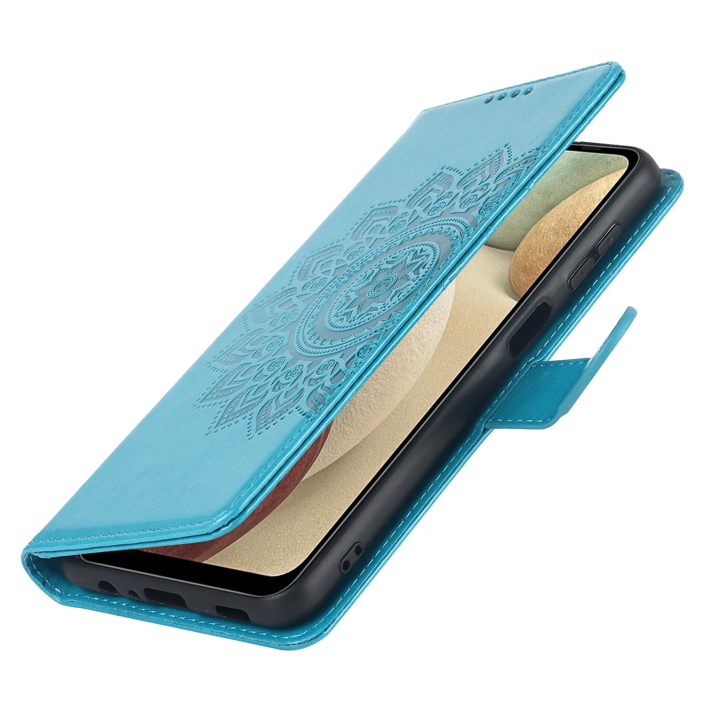 For Samsung Galaxy A12 R61 Texture Felled Seam PU Leather + TPU Stand Phone Case Pattern Imprinted Wallet Cover