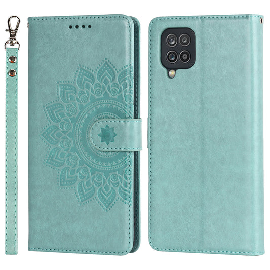 For Samsung Galaxy A12 R61 Texture Felled Seam PU Leather + TPU Stand Phone Case Pattern Imprinted Wallet Cover