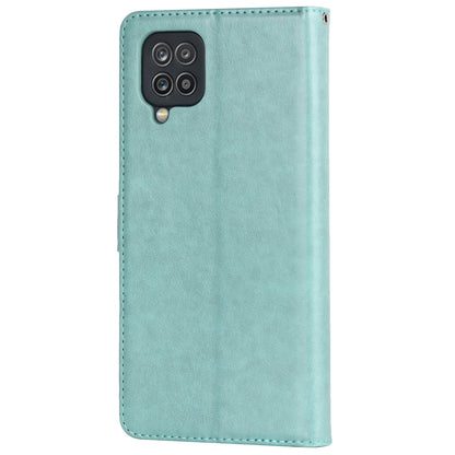 For Samsung Galaxy A12 R61 Texture Felled Seam PU Leather + TPU Stand Phone Case Pattern Imprinted Wallet Cover
