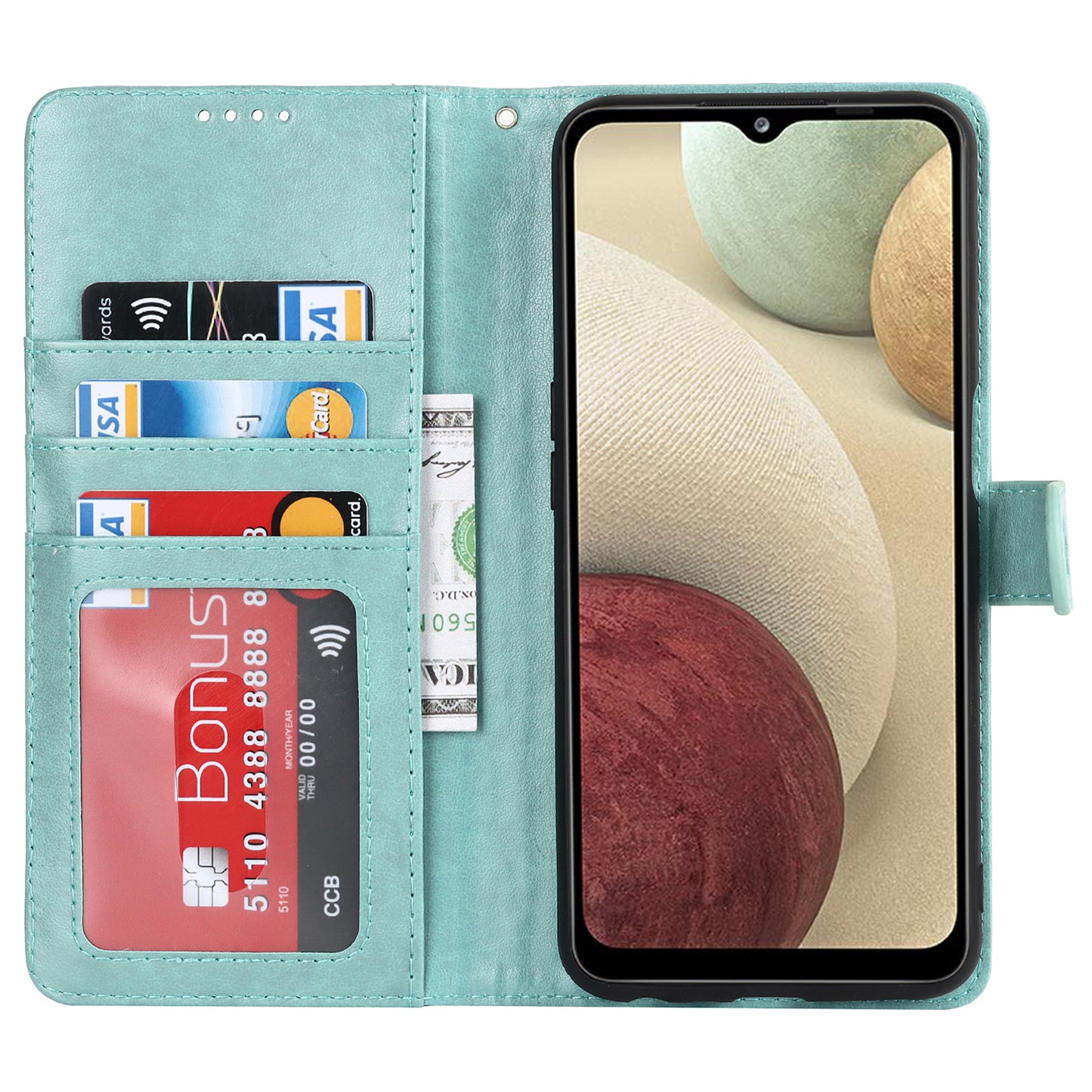 For Samsung Galaxy A12 R61 Texture Felled Seam PU Leather + TPU Stand Phone Case Pattern Imprinted Wallet Cover