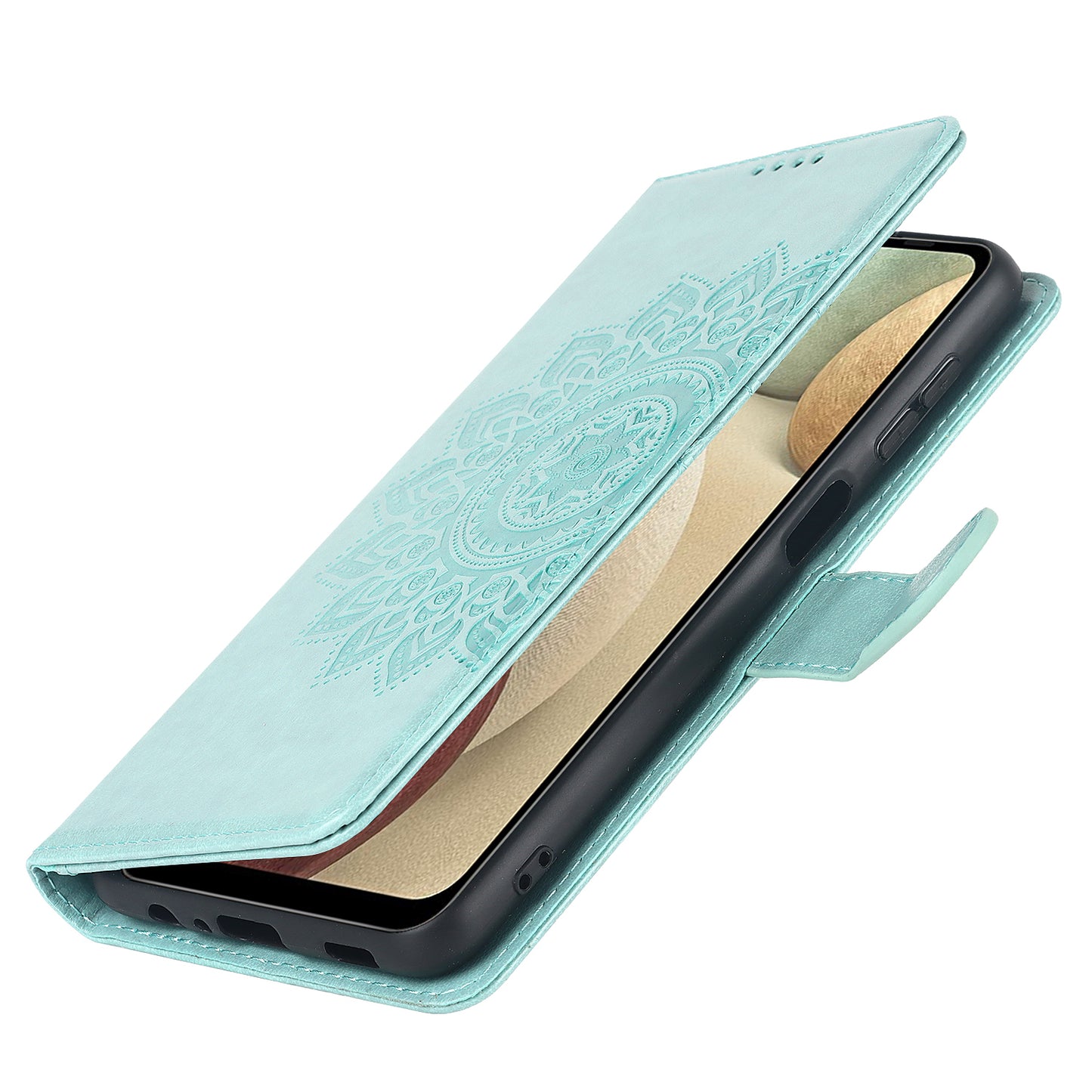 For Samsung Galaxy A12 R61 Texture Felled Seam PU Leather + TPU Stand Phone Case Pattern Imprinted Wallet Cover