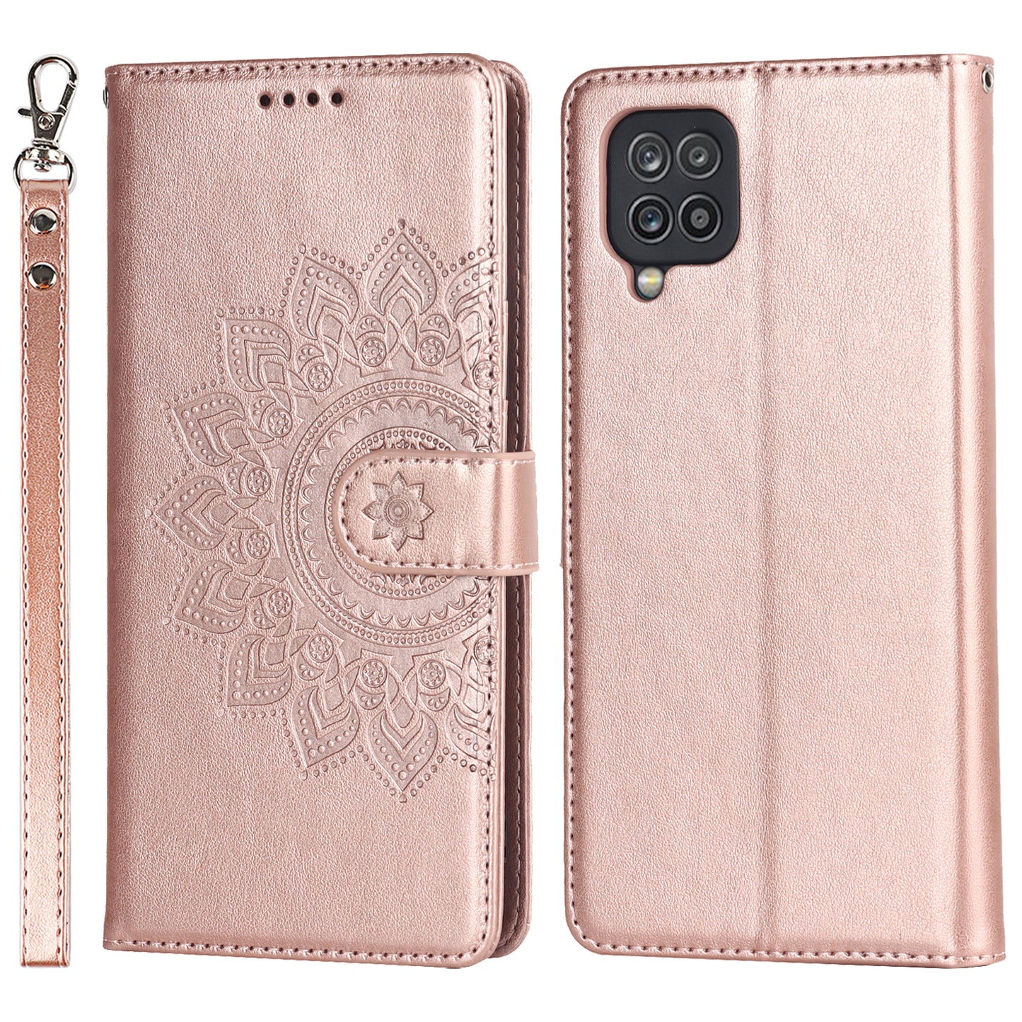 For Samsung Galaxy A12 R61 Texture Felled Seam PU Leather + TPU Stand Phone Case Pattern Imprinted Wallet Cover