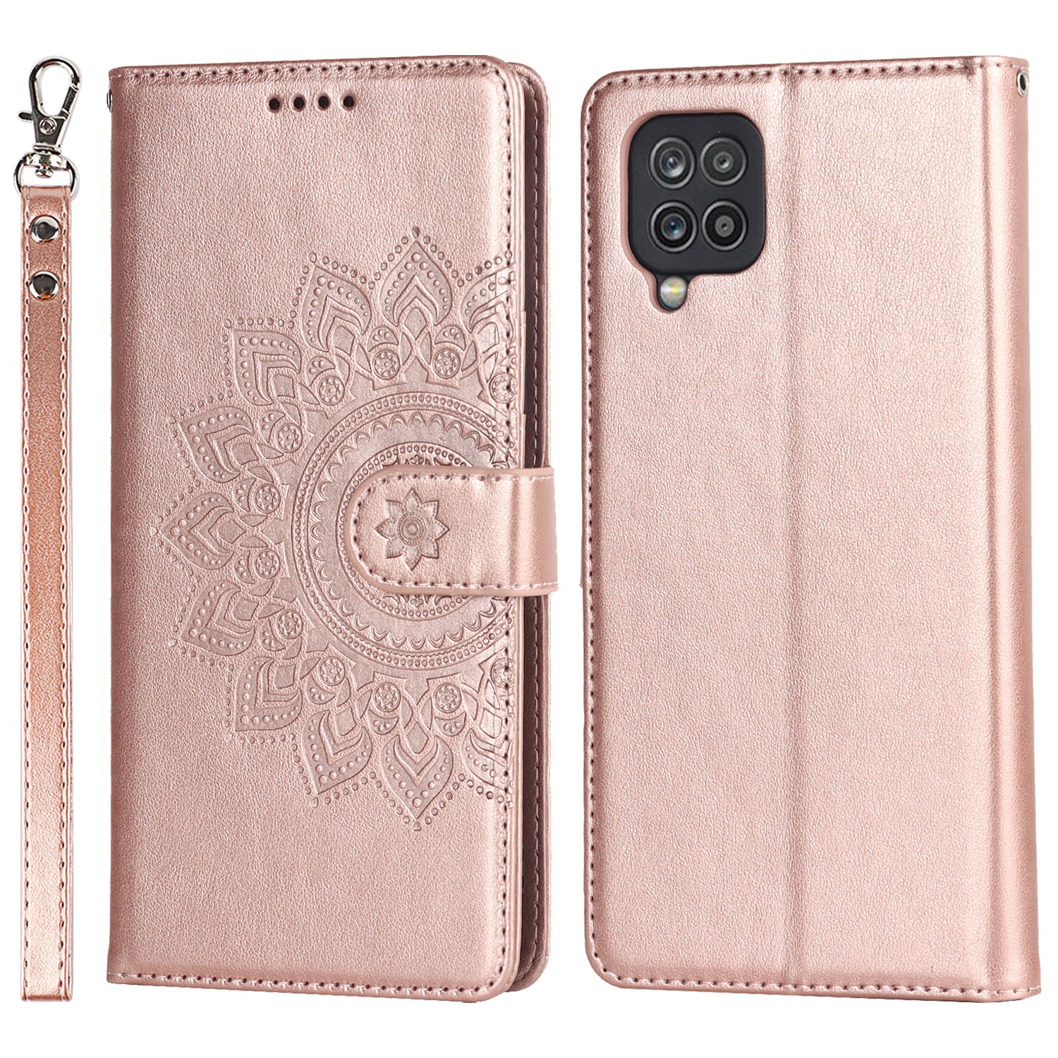 For Samsung Galaxy A12 R61 Texture Felled Seam PU Leather + TPU Stand Phone Case Pattern Imprinted Wallet Cover
