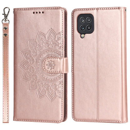 For Samsung Galaxy A12 R61 Texture Felled Seam PU Leather + TPU Stand Phone Case Pattern Imprinted Wallet Cover
