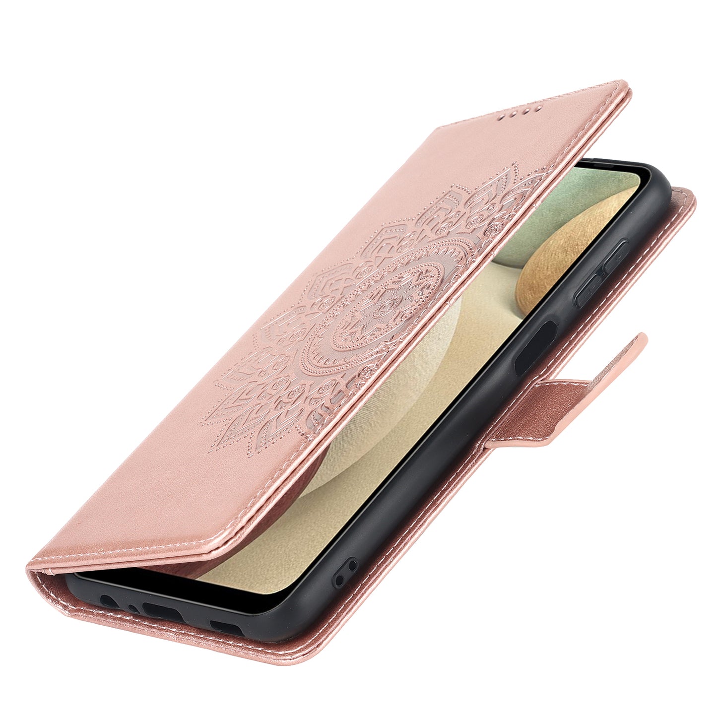 For Samsung Galaxy A12 R61 Texture Felled Seam PU Leather + TPU Stand Phone Case Pattern Imprinted Wallet Cover