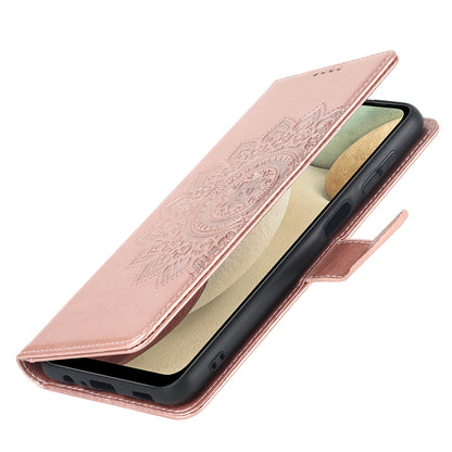 For Samsung Galaxy A12 R61 Texture Felled Seam PU Leather + TPU Stand Phone Case Pattern Imprinted Wallet Cover