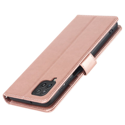 For Samsung Galaxy A12 R61 Texture Felled Seam PU Leather + TPU Stand Phone Case Pattern Imprinted Wallet Cover