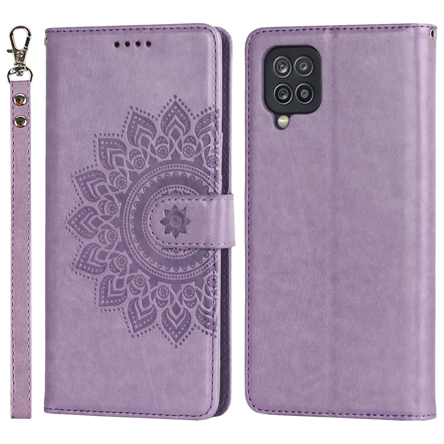 For Samsung Galaxy A12 R61 Texture Felled Seam PU Leather + TPU Stand Phone Case Pattern Imprinted Wallet Cover