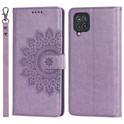 For Samsung Galaxy A12 R61 Texture Felled Seam PU Leather + TPU Stand Phone Case Pattern Imprinted Wallet Cover