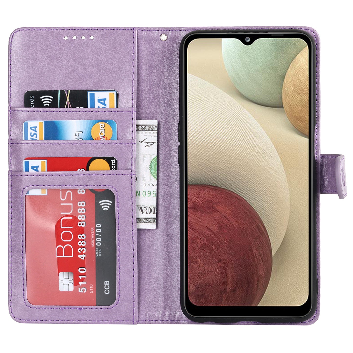 For Samsung Galaxy A12 R61 Texture Felled Seam PU Leather + TPU Stand Phone Case Pattern Imprinted Wallet Cover