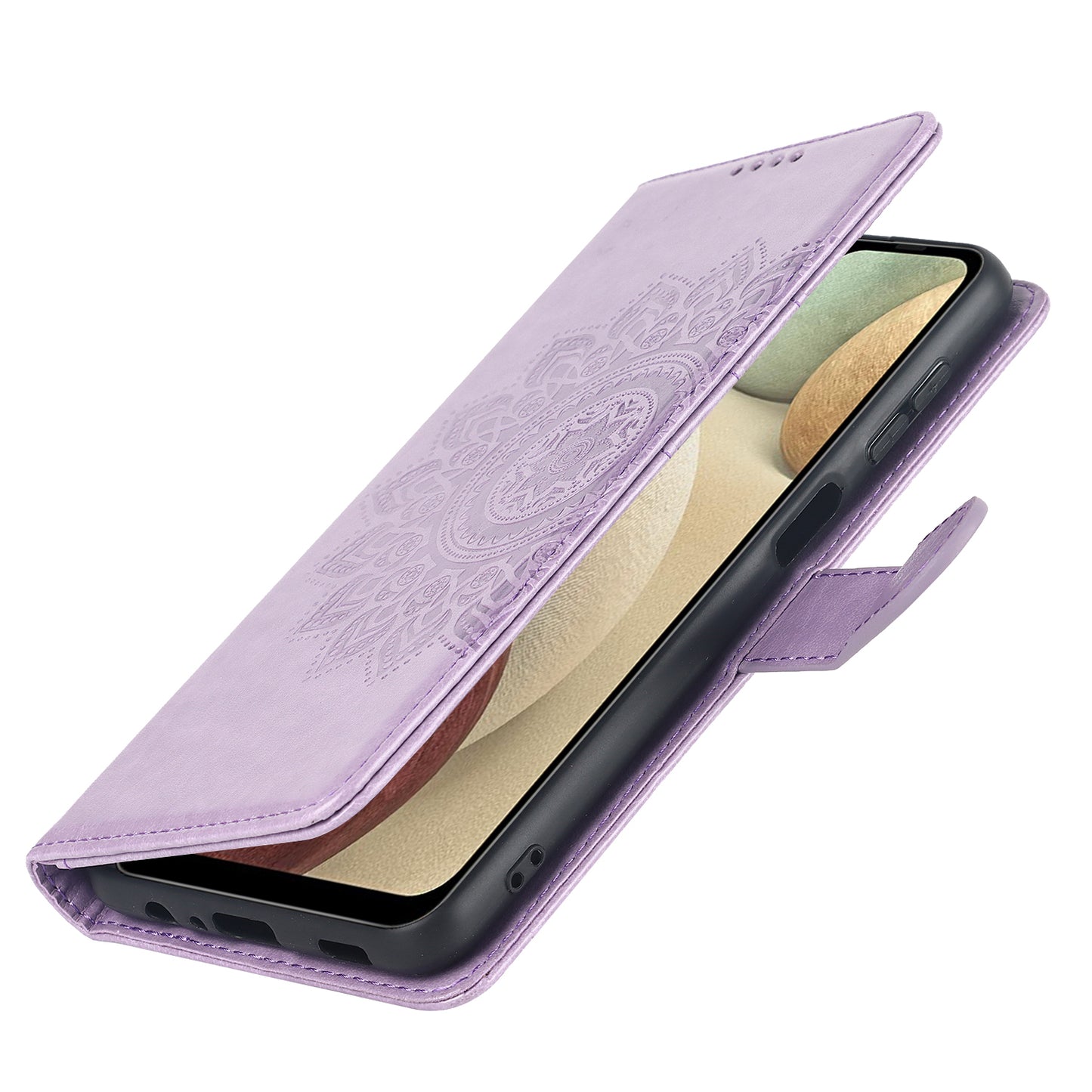 For Samsung Galaxy A12 R61 Texture Felled Seam PU Leather + TPU Stand Phone Case Pattern Imprinted Wallet Cover