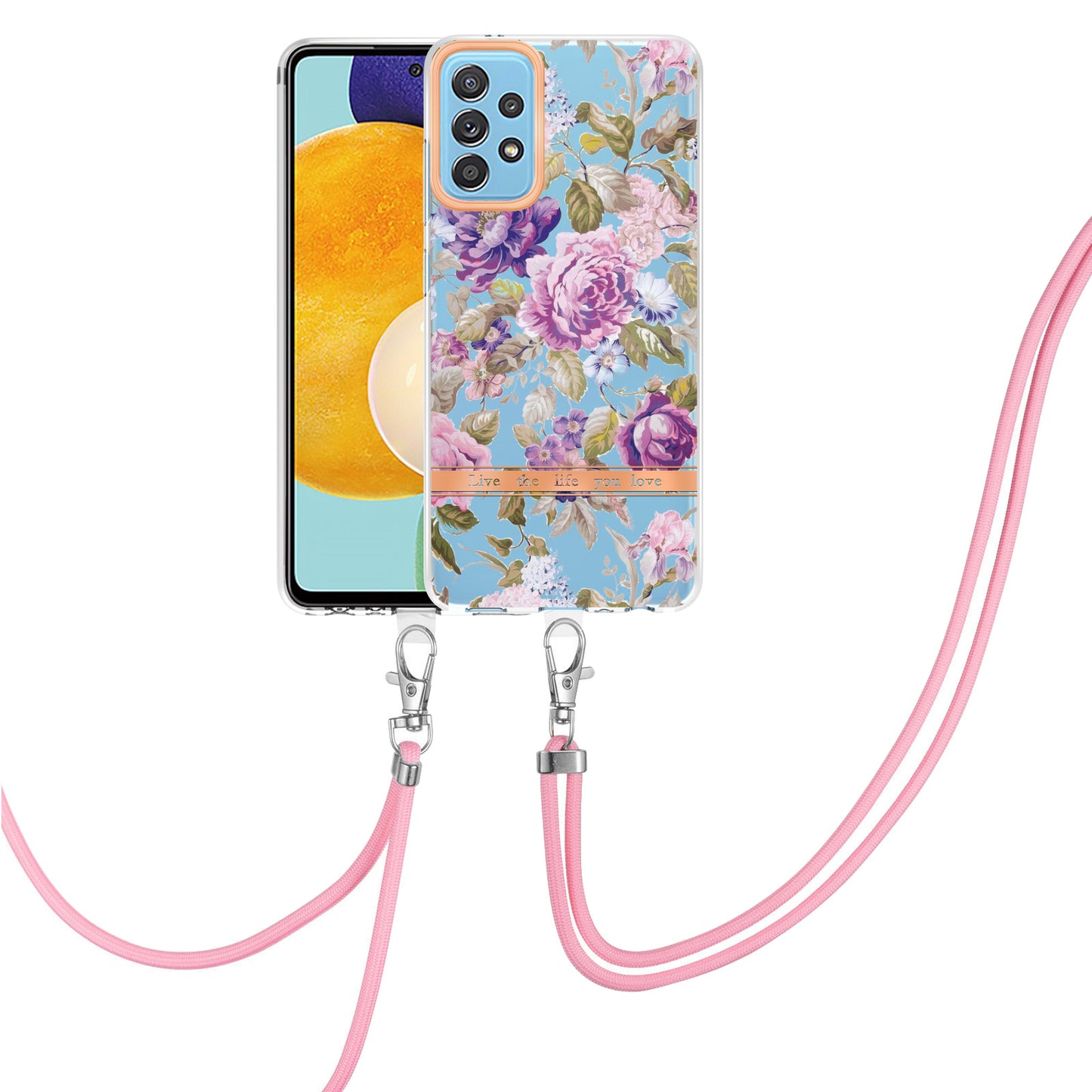 For Samsung Galaxy A52 4G/5G/A52s 5G YB IMD-9 Series Flower Design IMD IML TPU Case Electroplating Protective Phone Cover with Lanyard