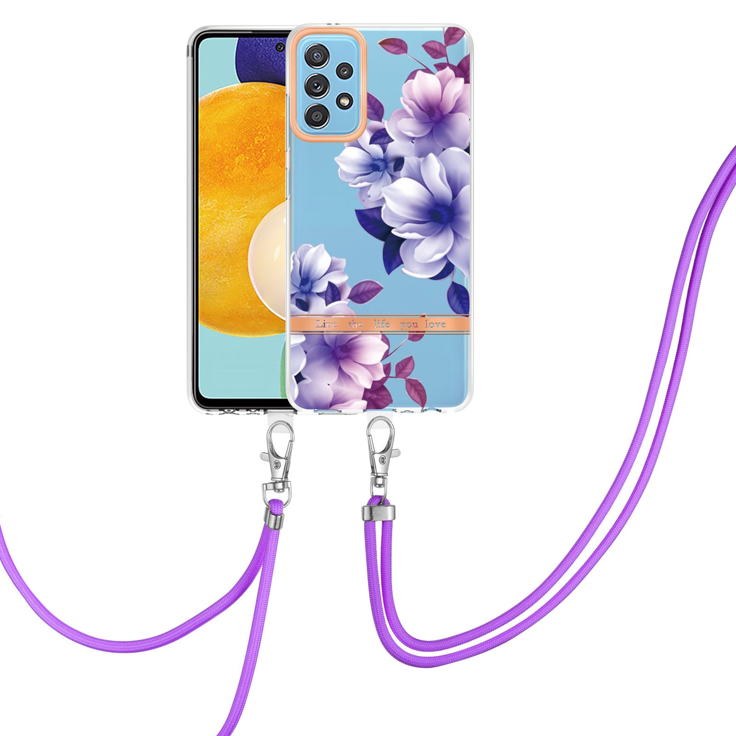 For Samsung Galaxy A52 4G/5G/A52s 5G YB IMD-9 Series Flower Design IMD IML TPU Case Electroplating Protective Phone Cover with Lanyard