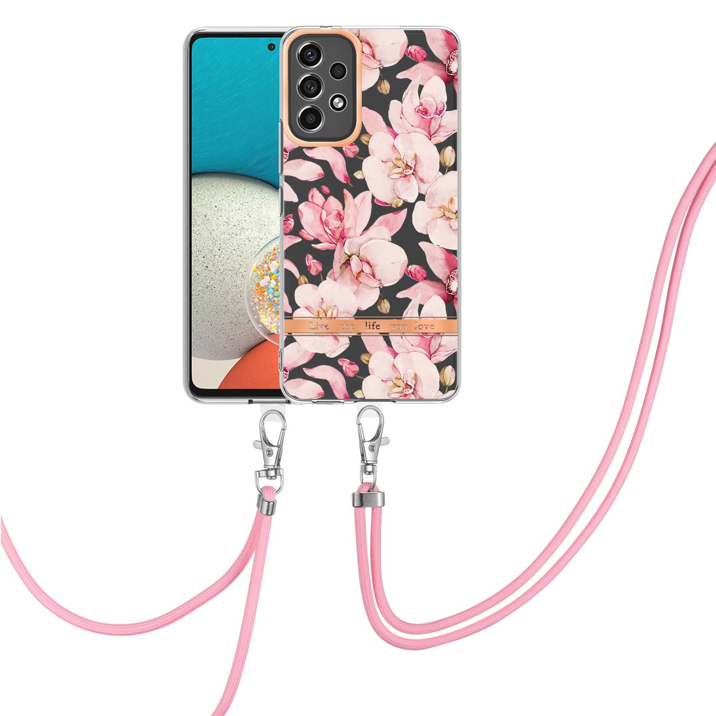 YB IMD-9 Series Flower Pattern Electroplating TPU Case for Samsung Galaxy A53 5G, IMD IML Anti-scratch Phone Cover with Lanyard